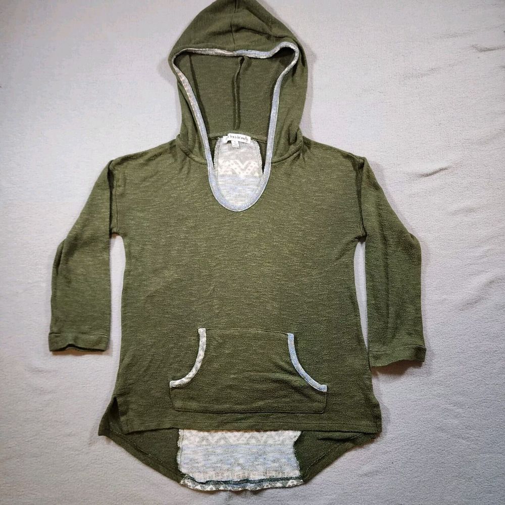 Green Small Hoodie Hooded Sweater Aztec Pattern Back‎ Lightweight Gauzy Pocket
